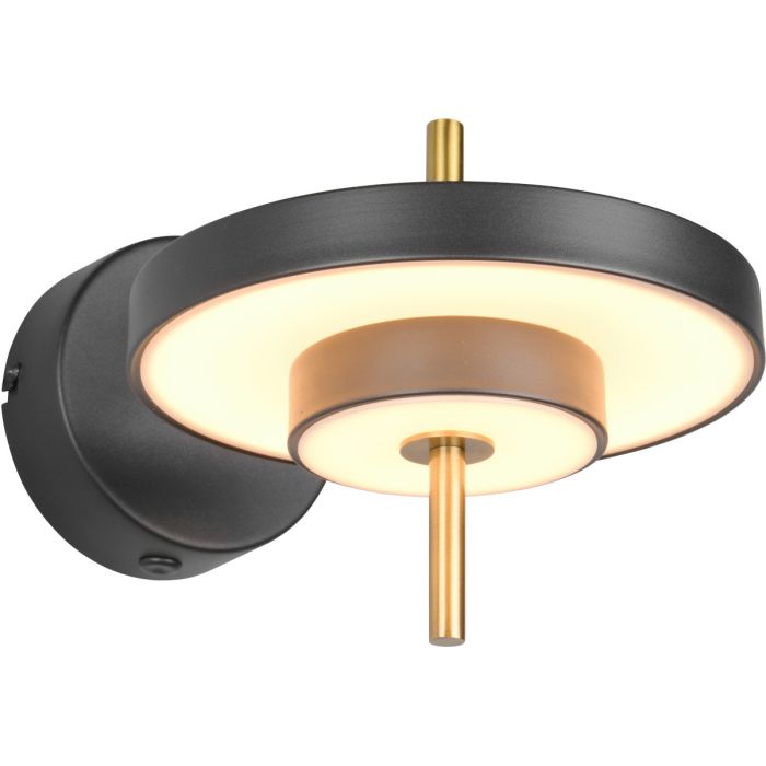 Trio Keaton zwarte wandlamp van 18,5 cm hoog met dubbele schijf vormige kap met geïntegreerde led naar beneden