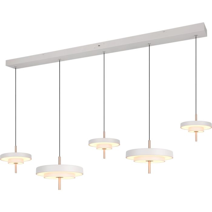 Trio Keaton warm grijze hanglamp van 140cm lang met vijf dubbele schijf vormige kappen van 20 cm en 30 cm in diameter met geïntegreerde led