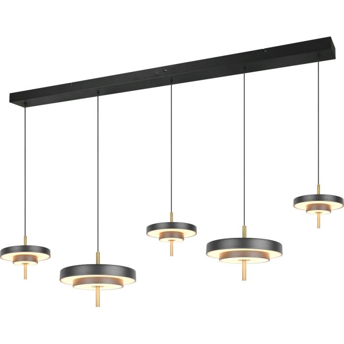 Trio Keaton zwarte hanglamp van 140cm lang met vijf dubbele schijf vormige kappen van 20 cm en 30 cm in diameter met geïntegreerde led