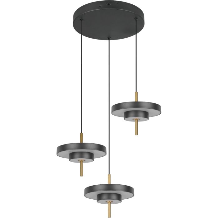 Trio Keaton zwarte hanglamp van 45cm in diameter met drie met dubbele schijf vormige kappen van 25 cm in diameter met geïntegreerde led