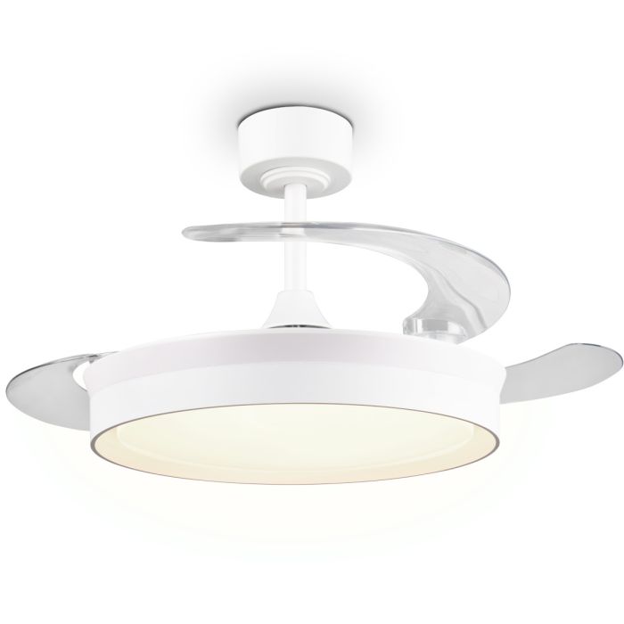 Reality Kerava witte plafondventilator van 107 cm in diameter met uitgeklapte wieken en witte LED unit in het midden