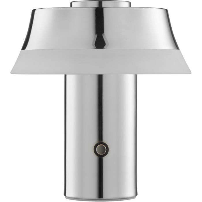 Brilliant Kinich chroom kleurige oplaadbare tafellamp van 16,5 cm hoog en 15 cm in diameter met LED acryl rand onder de kap