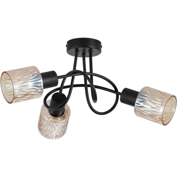 Searchlight Knot 23603-3BK zwarte plafonniere van in elkaar gedraaide stangen en drie amber glazen kapjes met relief