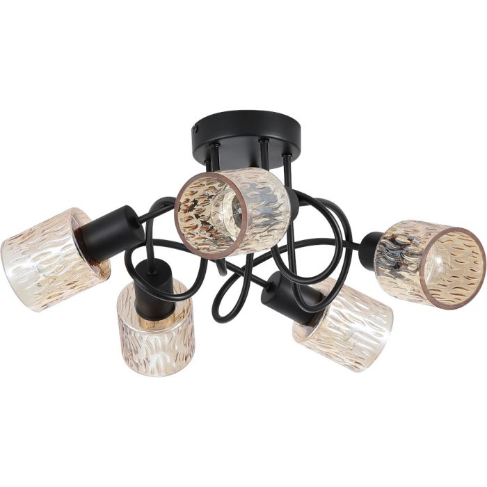 Searchlight Knot 23605-5BK zwarte plafonniere van in elkaar gedraaide stangen en vijf amber glazen kapjes met relief