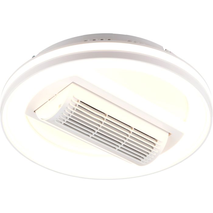 Reality Kurula witte plafondventilator van 48 cm in diameter met LED in een rand en naar beneden en cilindervormig ventilator deel in het midden van de plafondlamp