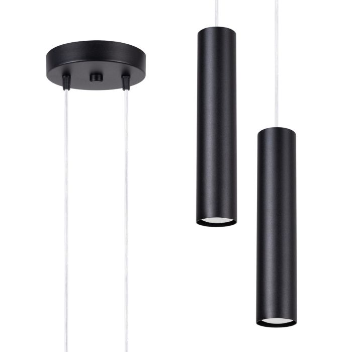 Sollux Lagos zwarte hanglamp met een diameter van 15 cm en twee buisvormige kappen van 30cm hoog en 6 cm in diameter
