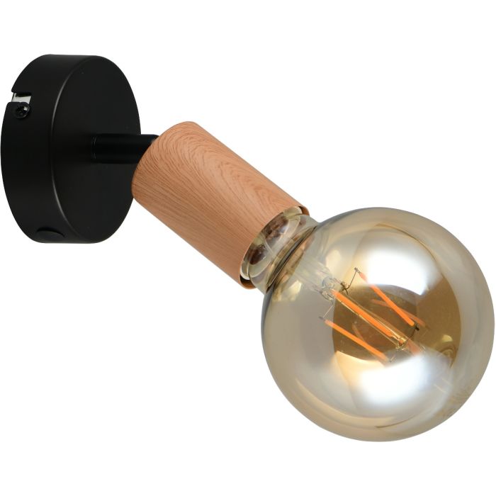 Casalum Lamego zwart metalen spot van 11 cm hoog met imitatiehouten fittinghouder en goudkleurige globelamp