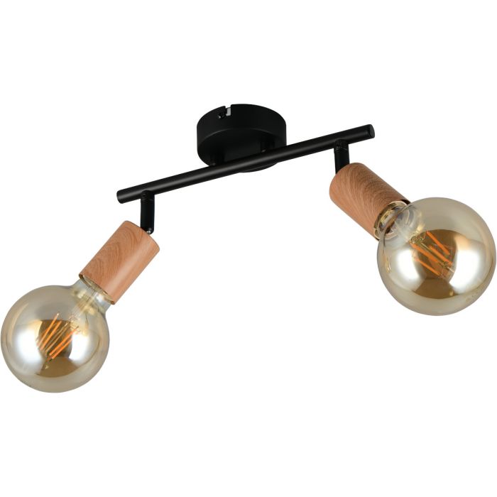 Casalum Lamego zwart metalen plafondspot van 35 cm lang met twee spots met imitatiehouten fittinghouder en goudkleurige globelamp