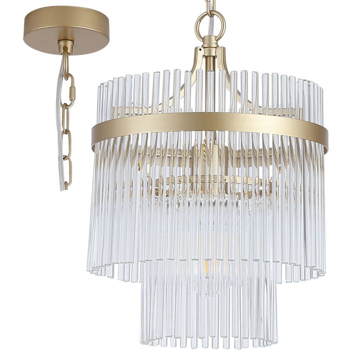 Searchlight Lara 11200-1GO hanglamp met goudkleurig plafondplaatje en een dubbele ring van helder glazen staafjes met een goudkleurige band eromheen