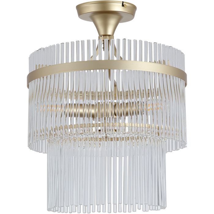 Searchlight Lara 11300-3GO plafondlamp met goudkleurig plafondplaatje en een dubbele ring van helder glazen staafjes met een goudkleurige bank eromheen