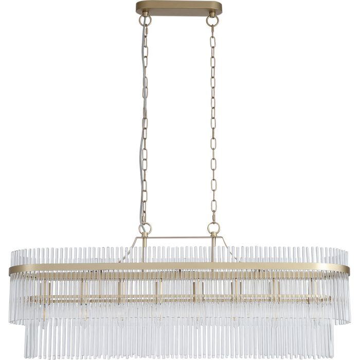 Searchlight Lara 11400-8GO langwerpige ovale hanglamp met goudkleurige plafondbalk en een dubbele ring van helder glazen staafjes met een goudkleurige band eromheen