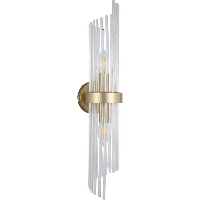 Searchlight Lara 11500-2GO wandlamp met goudkleurig wandplaatje en een ring van helder glazen staafjes met een goudkleurige band eromheen