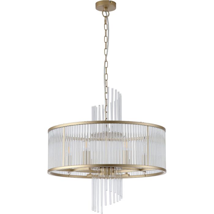 Searchlight Lara 11600-6GO ronde hanglamp met goudkleurig plafondplaatje en een dubbele ring van helder glazen staafjes met een goudkleurige banden