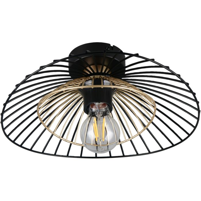 Casalum Lauris plafonniere met een diameter van 30 cm en kap van zwart en goudkleurig metaaldraad