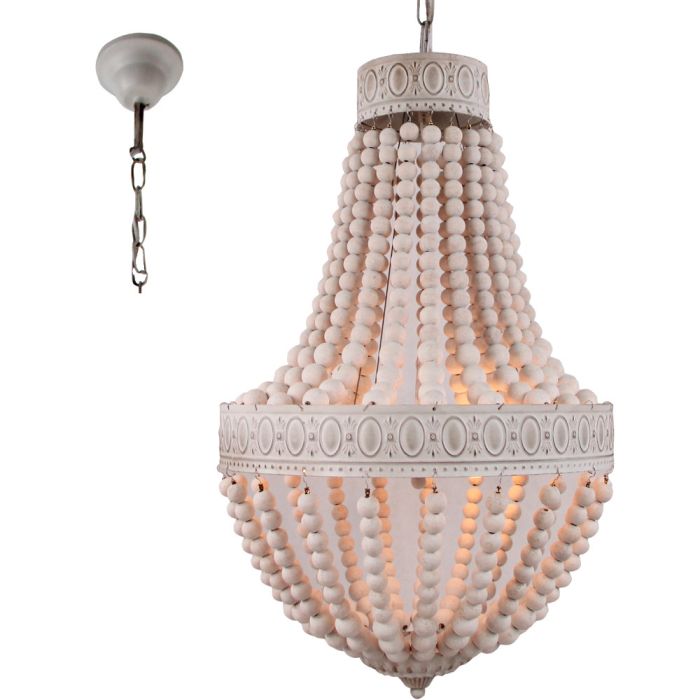 Brilliant Liba 93726/05 witte zakkroonluchter van houten kralen aan een wit metalen ketting, brandend