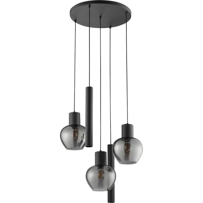 Brilliant Ligari zwarte hanglamp van 68 cm in diameter met drie bolvormige rookglazen kapen en twee cilindervormige buizen met GU10 spot