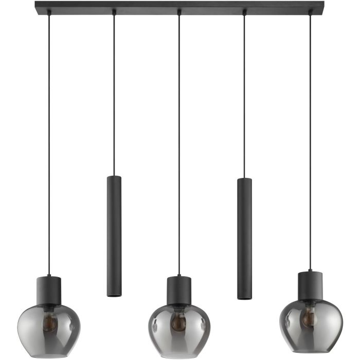 Brilliant Ligari zwarte hanglamp van 123 cm lang met drie bolvormige rookglazen kapen en twee cilindervormige buizen met GU10 spot