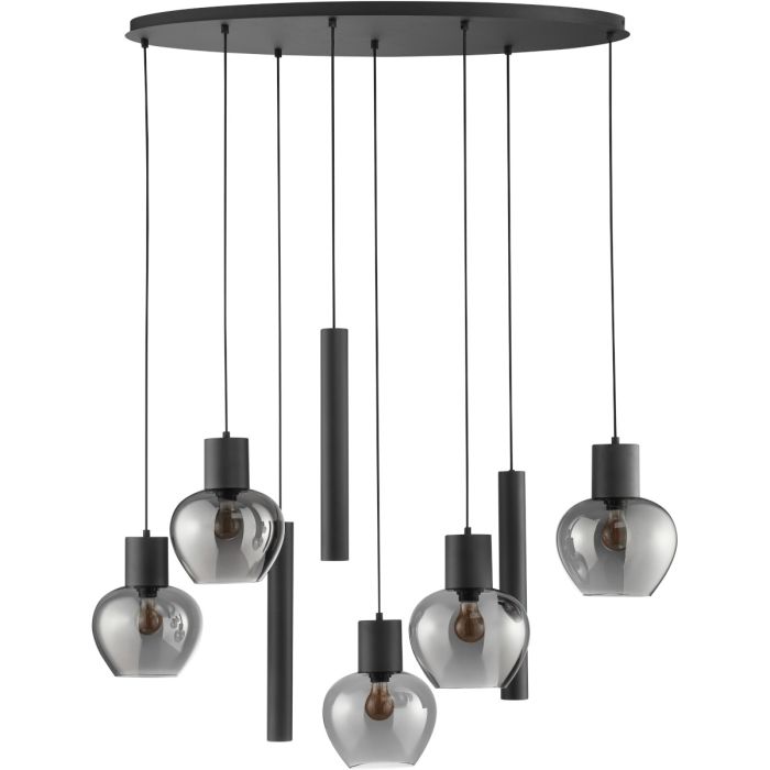 Brilliant Ligari zwarte hanglamp van 126 cm lang met ovale plafondplaat, vijf bolvormige rookglazen kapen en drie cilindervormige buizen met GU10 spot