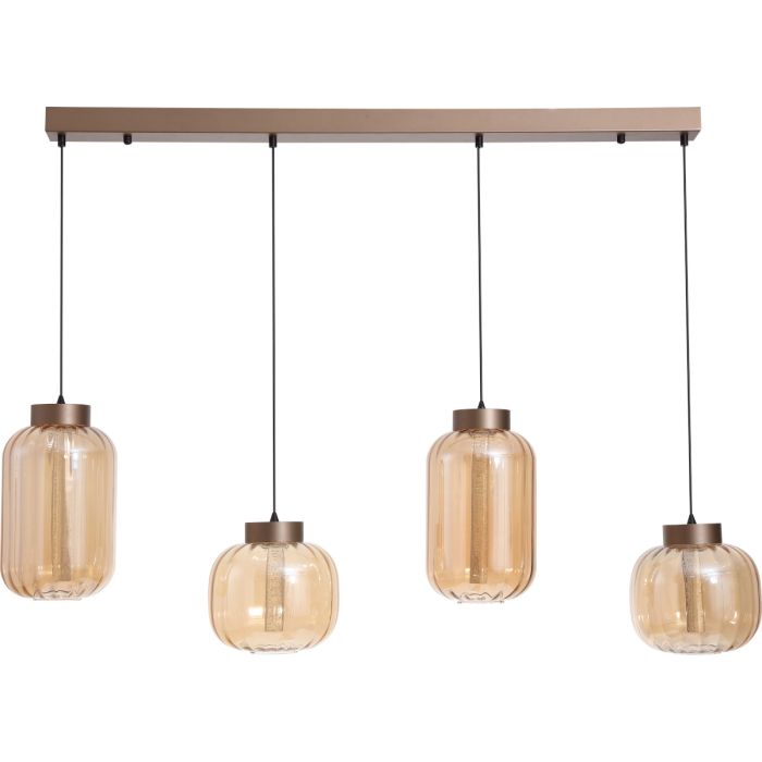 Searchlight Lille hanglamp met koffiebruine plafondbalk van 105cm met vier pendels met ronde en ovale amberkleurige ribbel glazen kappen