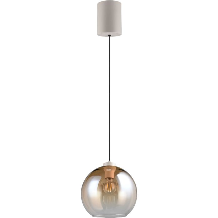 Reality Liora warm grijze hanglamp met katrolsysteem in de plafondkap en amber glazen kap met een diameter van 25cm