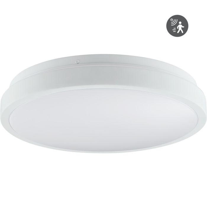 Brilliant Livas witte plafonniere van 33 cm in diameter voorzien van een bewegingsmelder met LED rand naar achteren