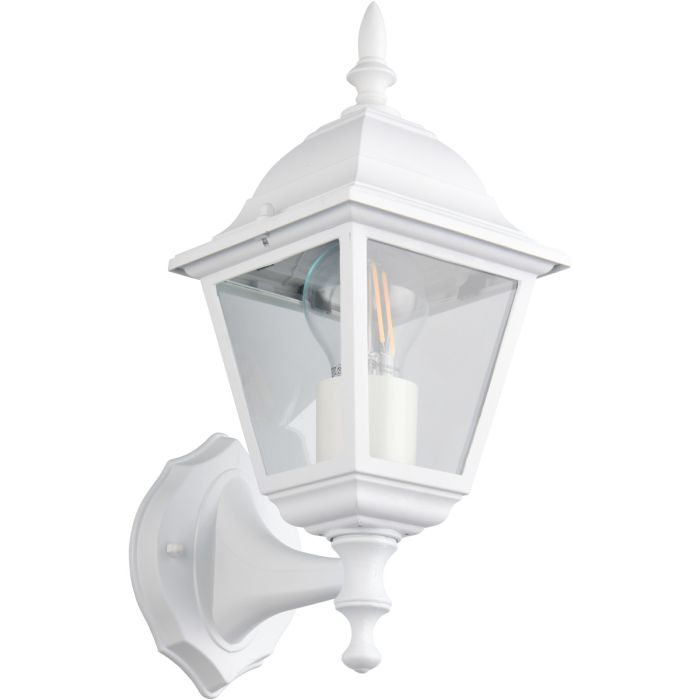 Trio Livenza witte klassieke wandlamp van 34cm hoog voor buiten met staande lantaarn en vier glazen ruitjes