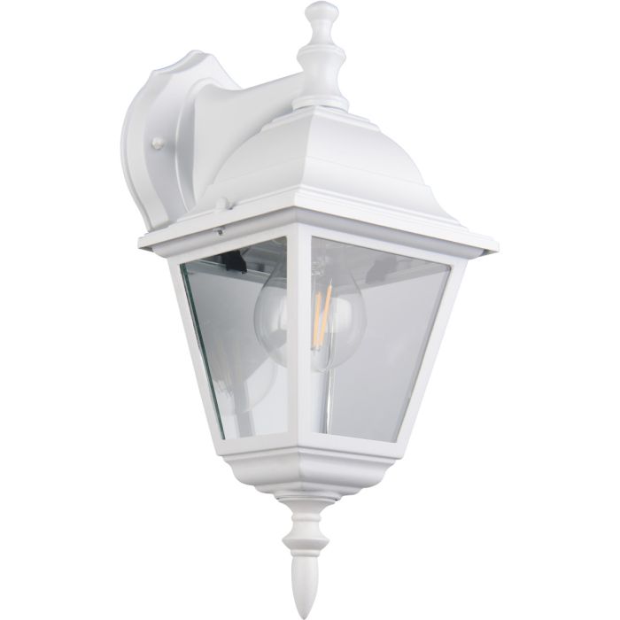 Trio Livenza witte klassieke wandlamp voor buiten van 33cm hoog met hangende lantaarn en vier glazen ruitjes
