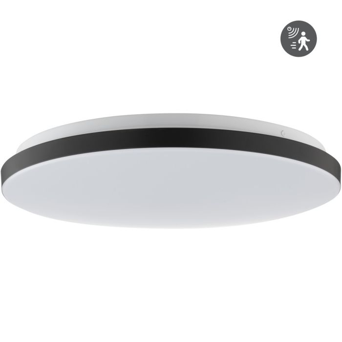Brilliant Livio zwarte plafonniere van 38,5 cm in diameter en 6 cm hoogte voorzien van een bewegingsmelder