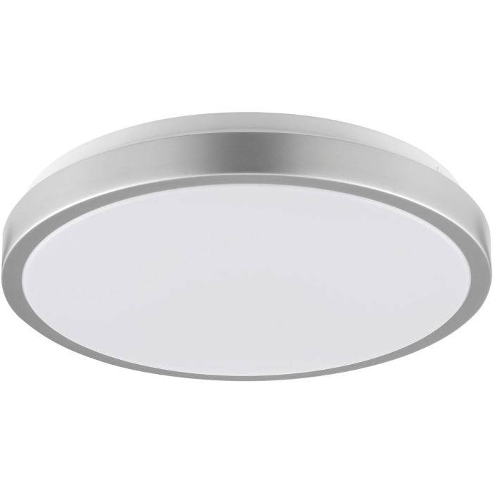 Brilliant Livius staalkleurige plafonnière met een diameter van 33 cm en een venster voor achterwaarts licht langs het plafond