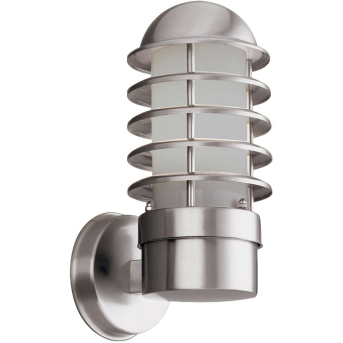 Searchlight Louvre 051 staalkleurige buitenlamp met lamellen langs een mat glazen cilindervormige kap