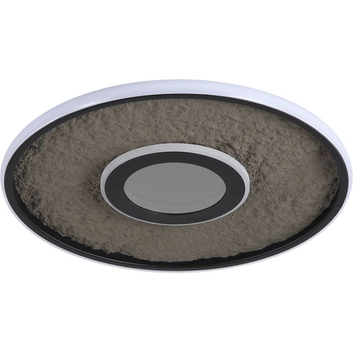 Searchlight Lumadisc plafonniere met twee zwarte ringen met LED rand en kunstleer tussen de ringen en in het midden een infinity reflector