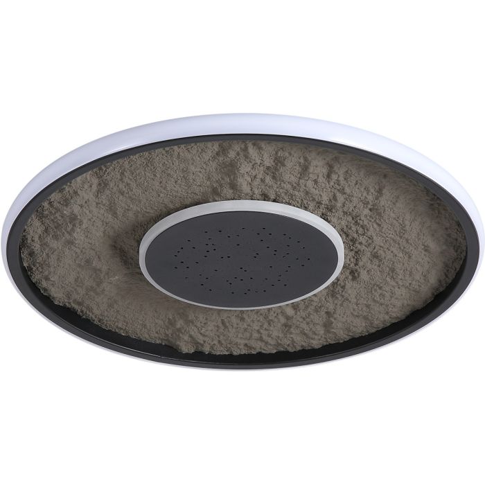 Searchlight Lumadisc plafonniere met twee zwarte ringen met LED rand en kunstleer tussen de ringen en in het midden een zwarte schijf met LED sterrenuitstraling