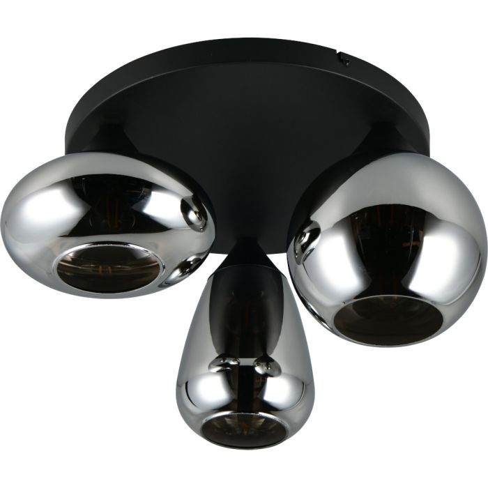 Trio Lumina 617030323 plafondlamp met zwarte plafondplaat en drie verschillend gevormde verchroomd glazen kappen