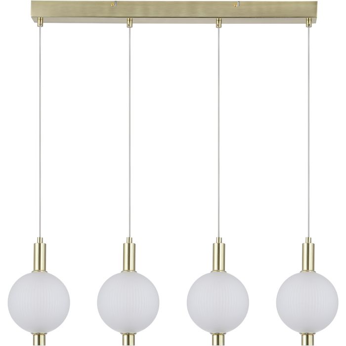 Searchlight Luminique mat messing hanglamp van 81cm in lengte met vier pendels met een kap van bolvormig mat geribbeld glas