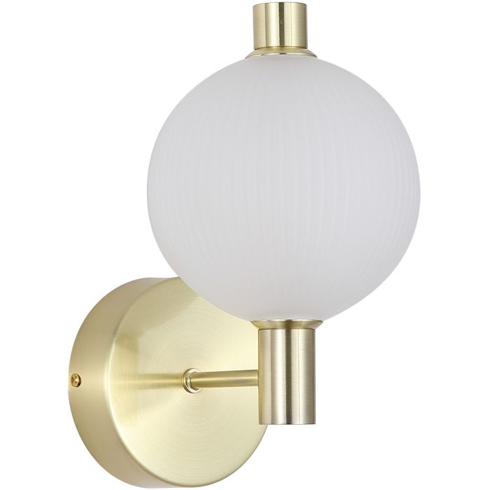 Searchlight Luminique mat messing wandlamp van 27cm hoog met een staande kap van bolvormig mat geribbeld glas