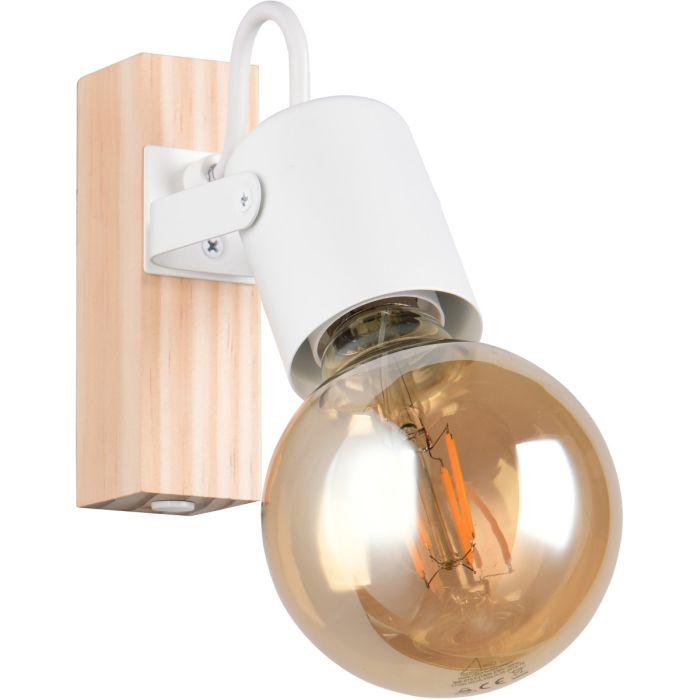 Casalum Lynar spot met houten bevestingsbalkje van 13 cm hoog en wit metalen fittinghouder met goudkleurige globelamp