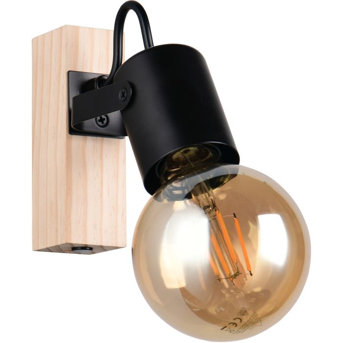 Casalum Lynar spot met houten bevestingsbalkje van 13 cm hoog en zwart metalen fittinghouder met goudkleurige globelamp