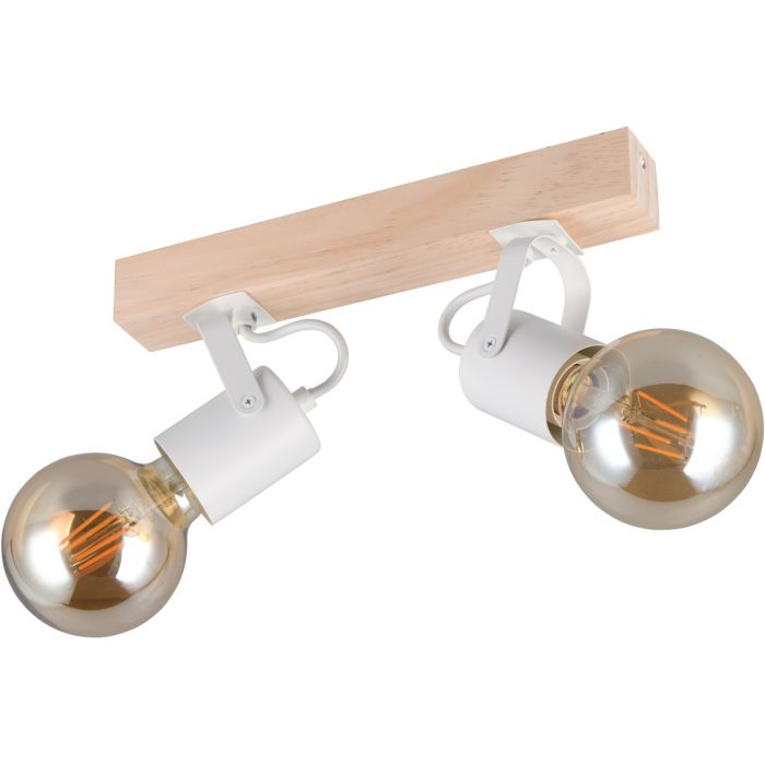Casalum Lynar plafondspot met houten bevestingsbalk van 31 cm lang en twee wit metalen fittinghouders met goudkleurige globelamp