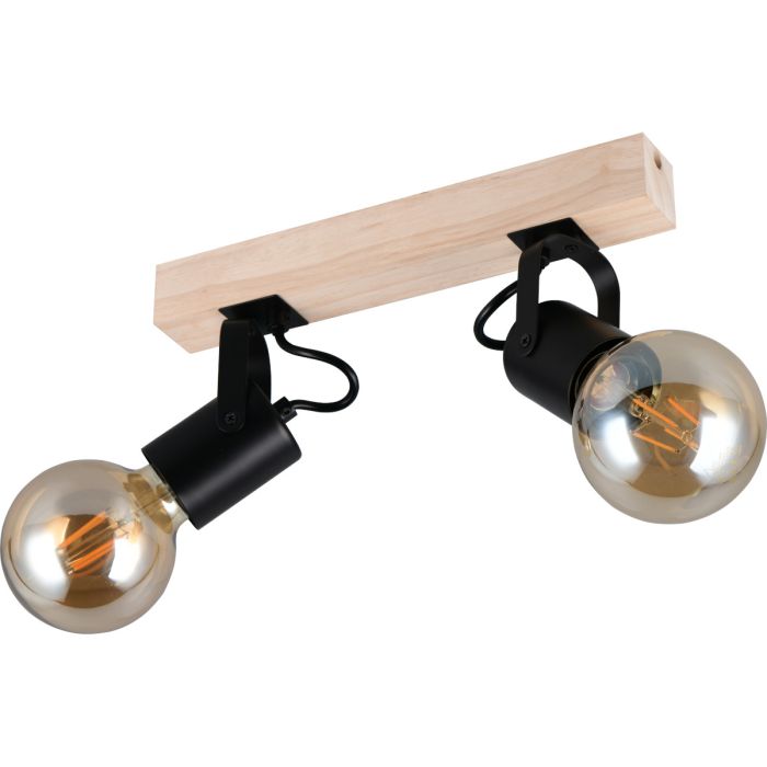 Casalum Lynar plafondspot met houten bevestingsbalk van 31 cm lang en twee zwart metalen fittinghouders met goudkleurige globelamp