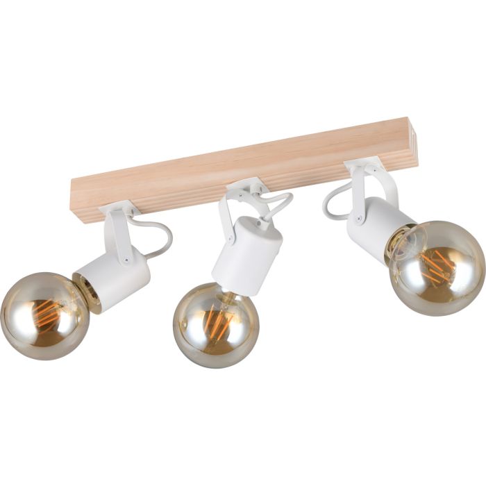 Casalum Lynar plafondspot met houten bevestingsbalk van 42 cm lang en drie wit metalen fittinghouders met goudkleurige globelamp