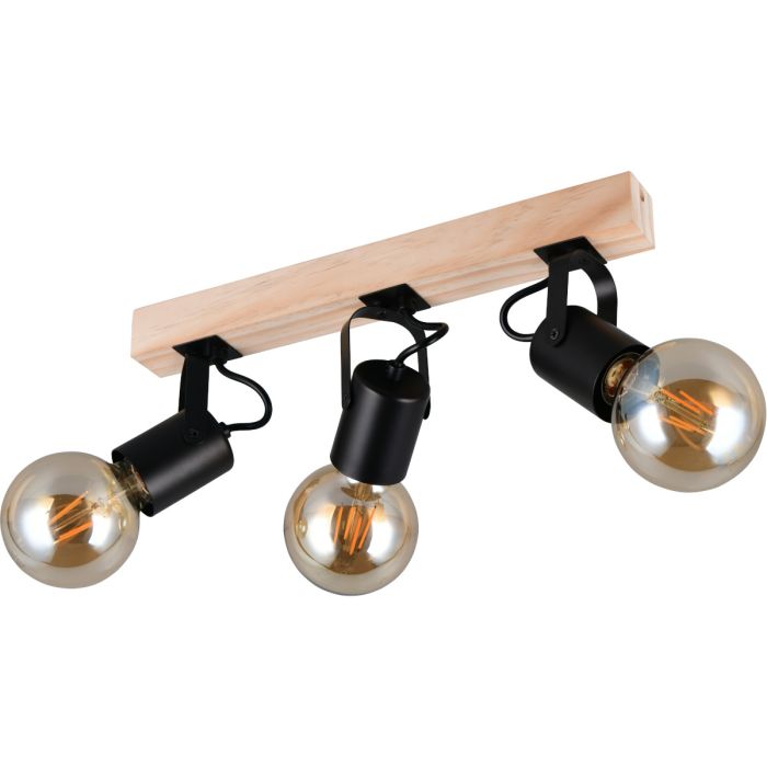 Casalum Lynar plafondspot met houten bevestingsbalk van 42 cm lang en drie zwart metalen fittinghouders met goudkleurige globelamp