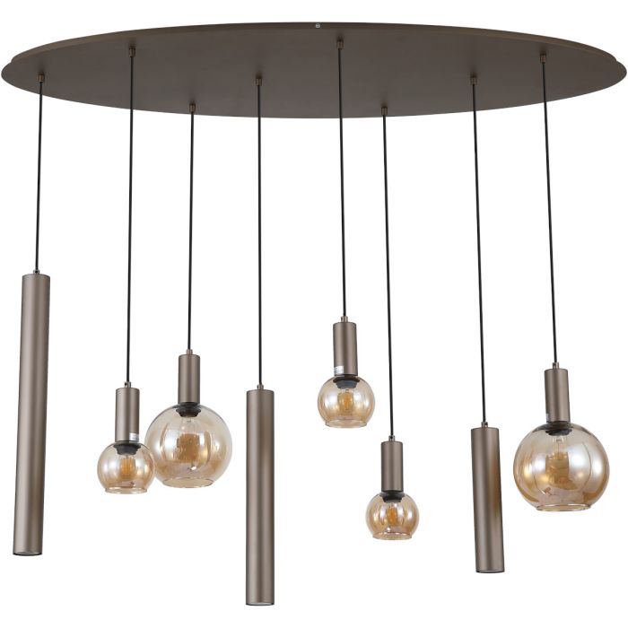 Searchlight Lyon hanglamp met koffiebruine ovale plafondplaat van 140cm en drie pendels met cilindervormige metalen kappen met GU10 lamp en vijf pendels met amber glazen kappen met E27 fitting
