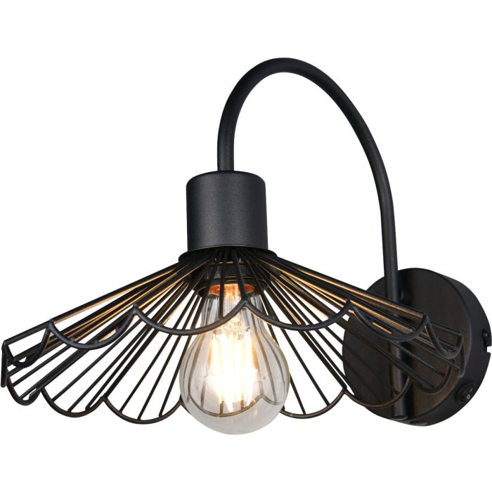 Casalum Margarita zwart wandlamp van 25cm breed met schaalvormige open kap van metaaldraad en schakelaar op het wandplaatje