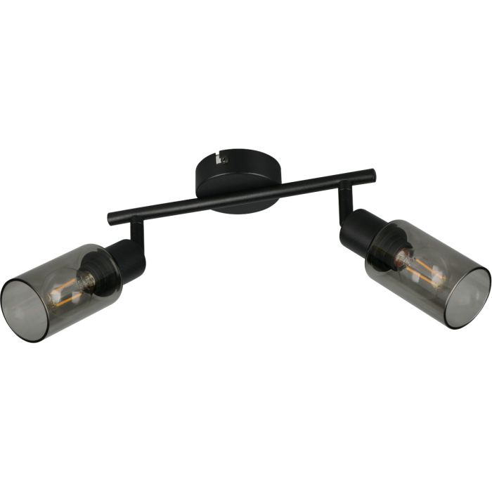 Reality Mars zwarte plafondspot van 25 cm lang met twee spotjes met elk een rookglazen kapje met een diameter van 8 cm