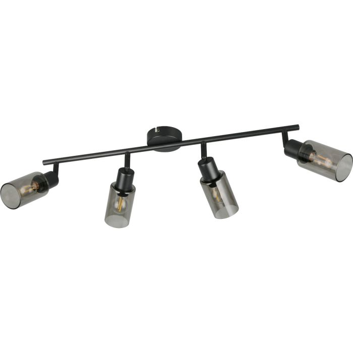 Reality Mars zwarte plafondspot van 60 cm lang met vier spotjes met elk een rookglazen kapje met een diameter van 8 cm