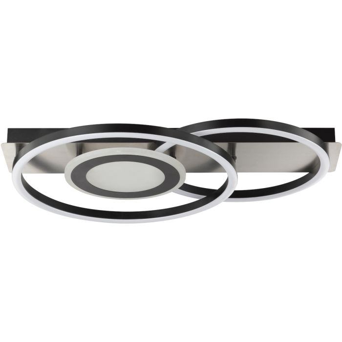 Brilliant Maureen zwarte plafonnière met een lengte van 55 cm  bestaande uit een rechthoekige plafondbalk met drie LED cirkels daarop waarvan twee grotere naast elkaar en 1 in het midden van de grootste