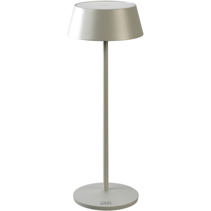 Konstsmide Menton grijs oplaadbaar tafellampje met mat kunststof bovenzijde en dun schijfvormige kap van 30 cm hoog