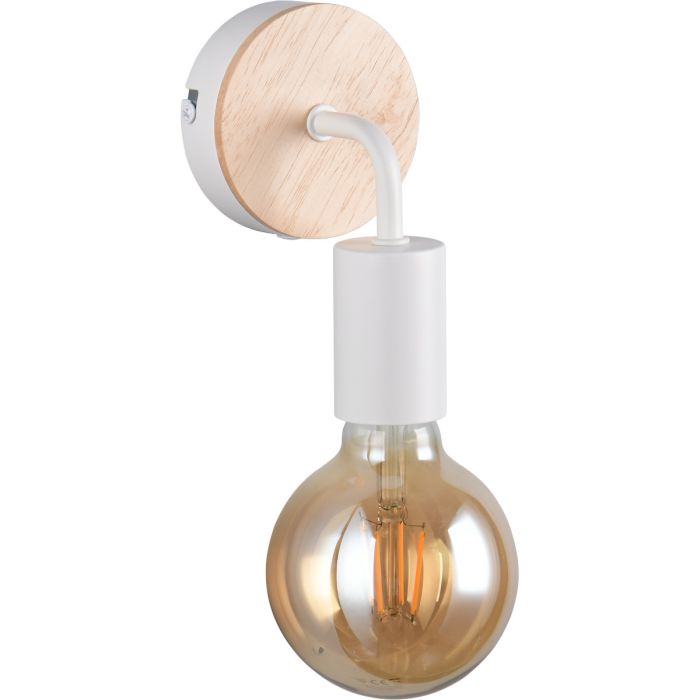 Casalum merida witte wandlamp van 15,5 cm hoog met houten plaatje over het wandplaatje en vrij hangende globelamp