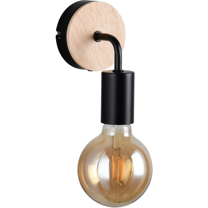 Casalum Merida zwarte wandlamp van 15,5 cm hoog met houten plaatje over het wandplaatje en vrij hangende globelamp