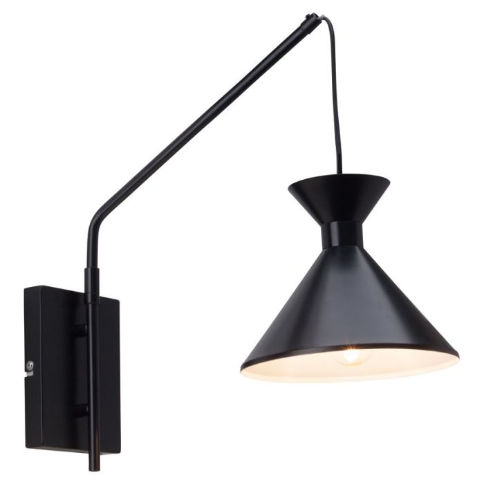 Brilliant Mika 94272/06 zwarte wandlamp met zwarte kap welke aan een zwart koord hangt